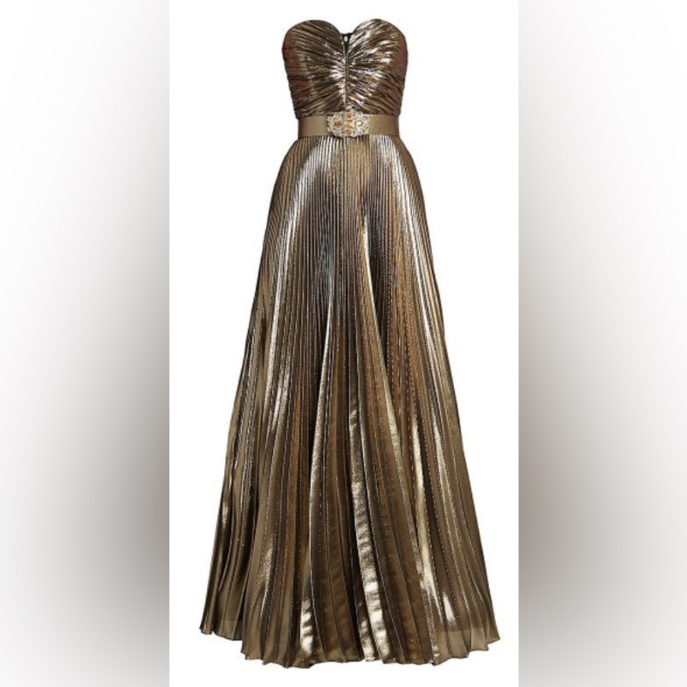 ANDREW GN Metallic Pleated Strapless Gown Gold tone Silk Blend Maxi Dress